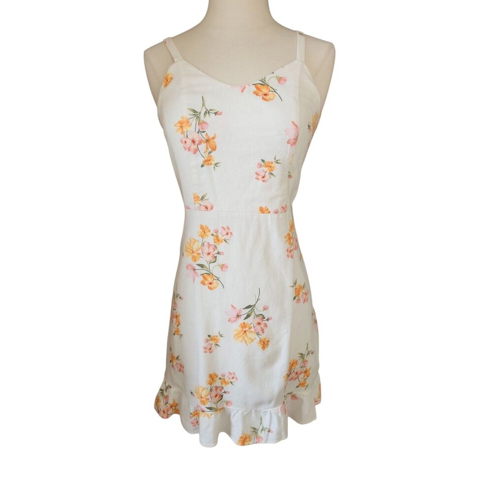 Old Navy Mini Dress Womens Small Linen Blend Twee White Floral Ruffle Hem Resort